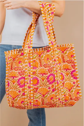 Quilted Tote Bag Reversible -Peach/Pink