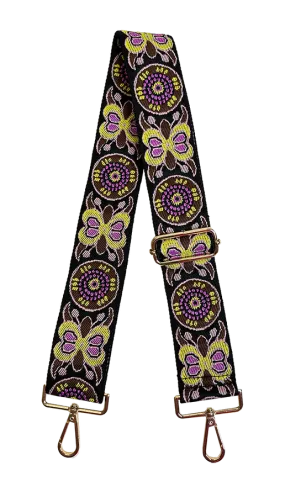 "Foulard" Embroidered Bag Strap - Black w/Chartreuse/Fuchsia/Pink