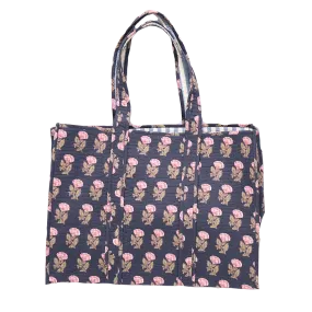 Reversible Large Quilted Tote - Navy Flower Drop