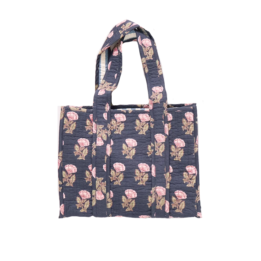 Reversible Small Quilted Tote - Navy Flower Drop