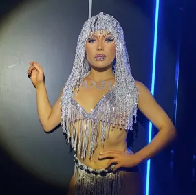 Rhinestone Wig Diamond Headdress Shows Cher Sequin Wig Show Girls Crystal Tassel Wig Carnaval Drag Queen Halloween Costume Birthday Party