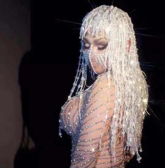 Rhinestone Wig Diamond Headdress Shows Cher Sequin Wig Show Girls Crystal Tassel Wig Carnaval Drag Queen Halloween Costume Birthday Party