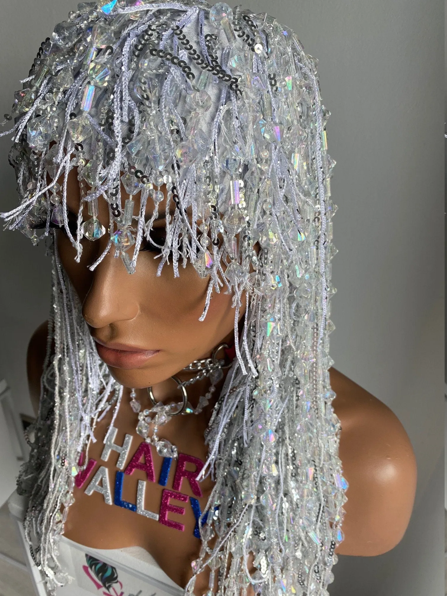 Rhinestone Wig Diamond Headdress Shows Cher Sequin Wig Show Girls Crystal Tassel Wig Carnaval Drag Queen Halloween Costume Birthday Party