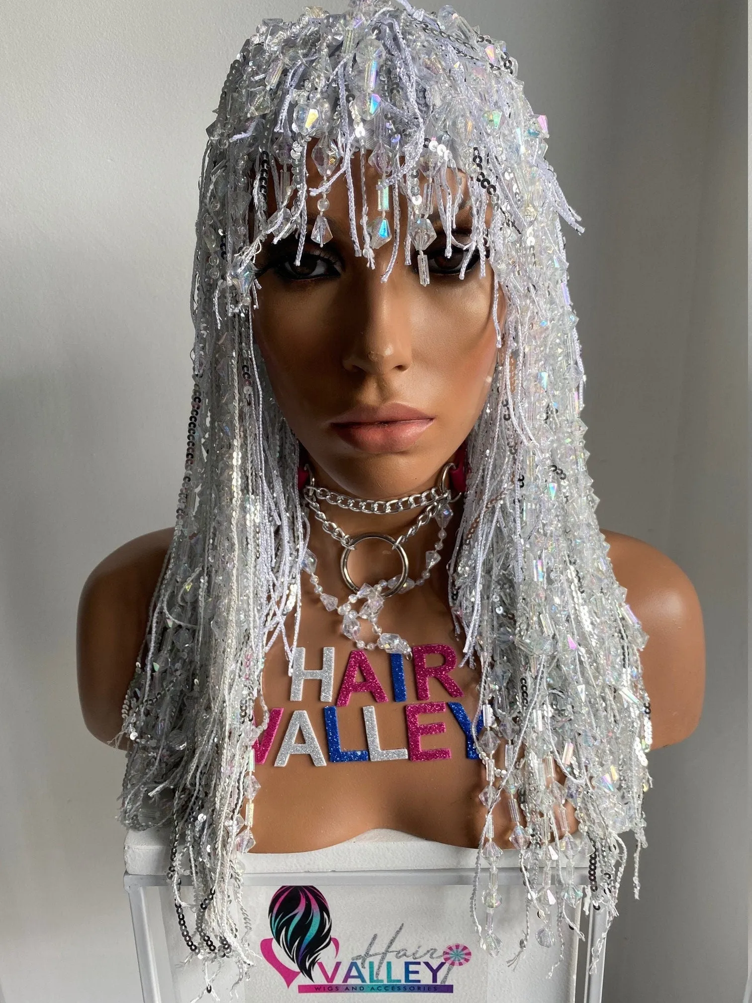 Rhinestone Wig Diamond Headdress Shows Cher Sequin Wig Show Girls Crystal Tassel Wig Carnaval Drag Queen Halloween Costume Birthday Party