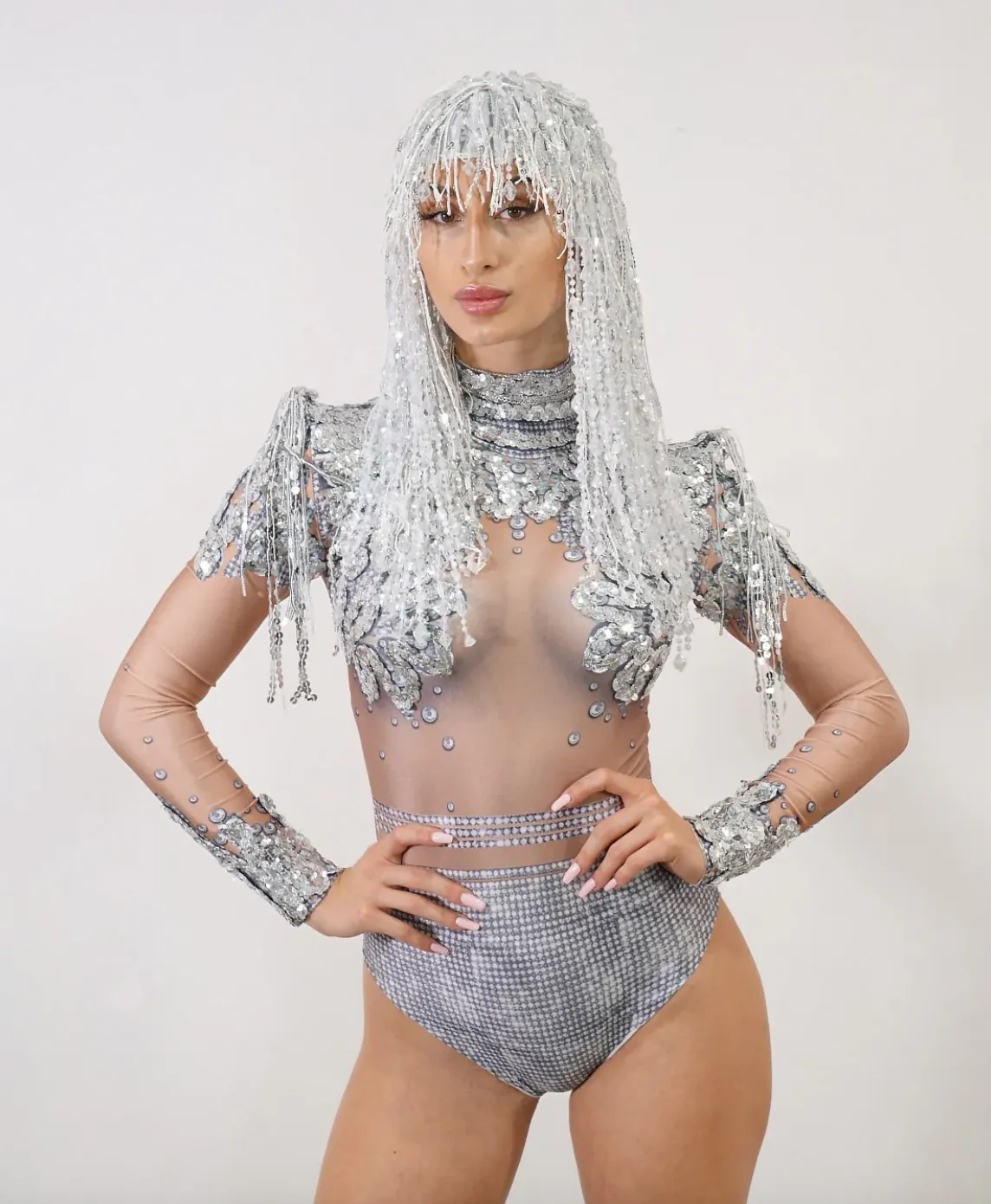 Rhinestone Wig Diamond Headdress Shows Cher Sequin Wig Show Girls Crystal Tassel Wig Carnaval Drag Queen Halloween Costume Birthday Party