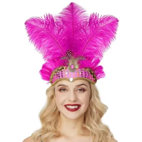 Rio Carnival Samba Sequin Ostrich Feather Showgirl Costume Headdress - Cerise