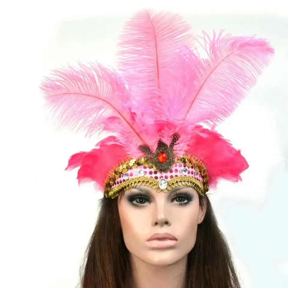 Rio Carnival Samba Sequin Ostrich Feather Showgirl Costume Headdress - Hot Pink