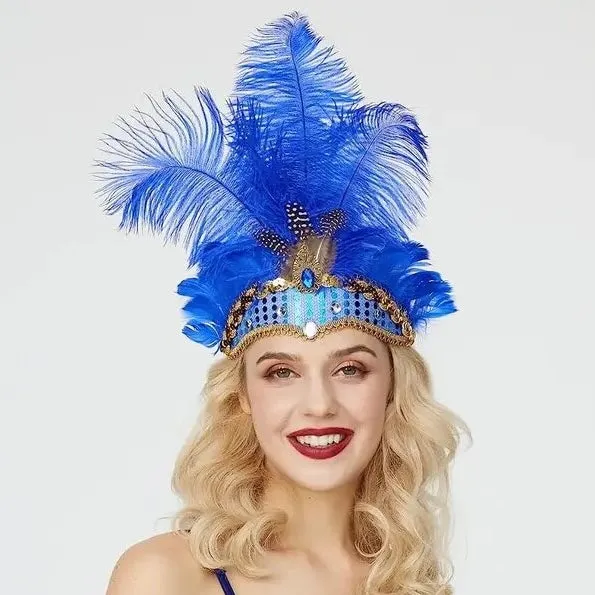Rio Carnival Samba Sequin Ostrich Feather Showgirl Costume Headdress - Royal Blue