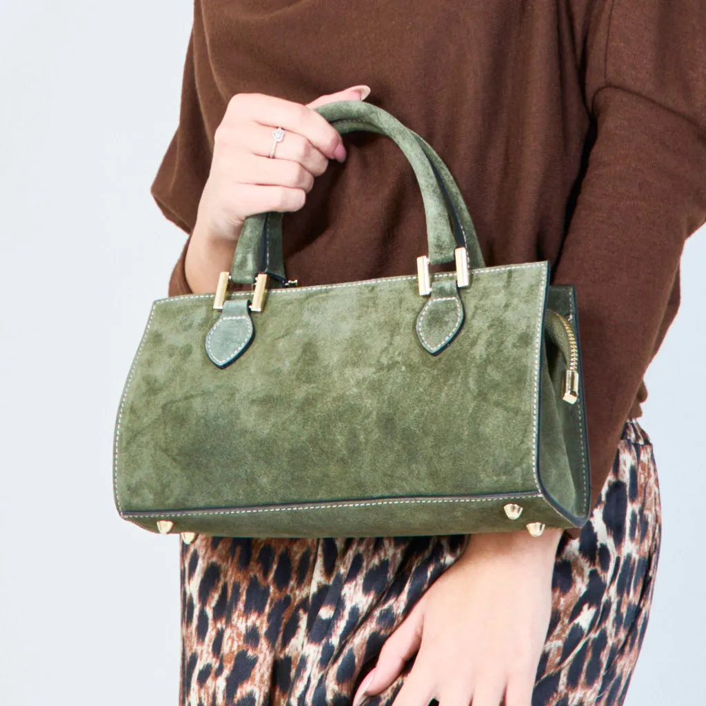 Suede structured handbags with metal accents wholesale