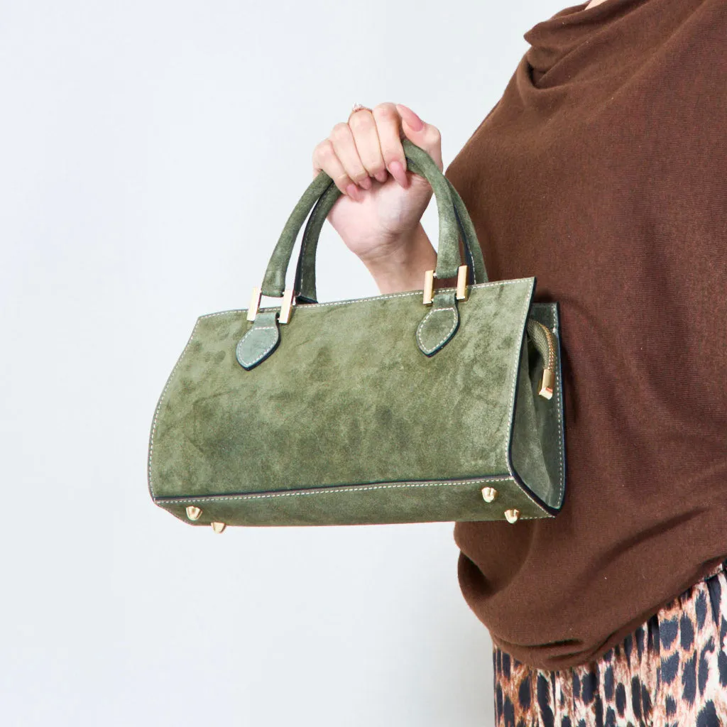 Suede structured handbags with metal accents wholesale