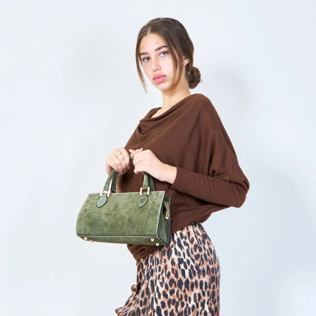 Suede structured handbags with metal accents wholesale