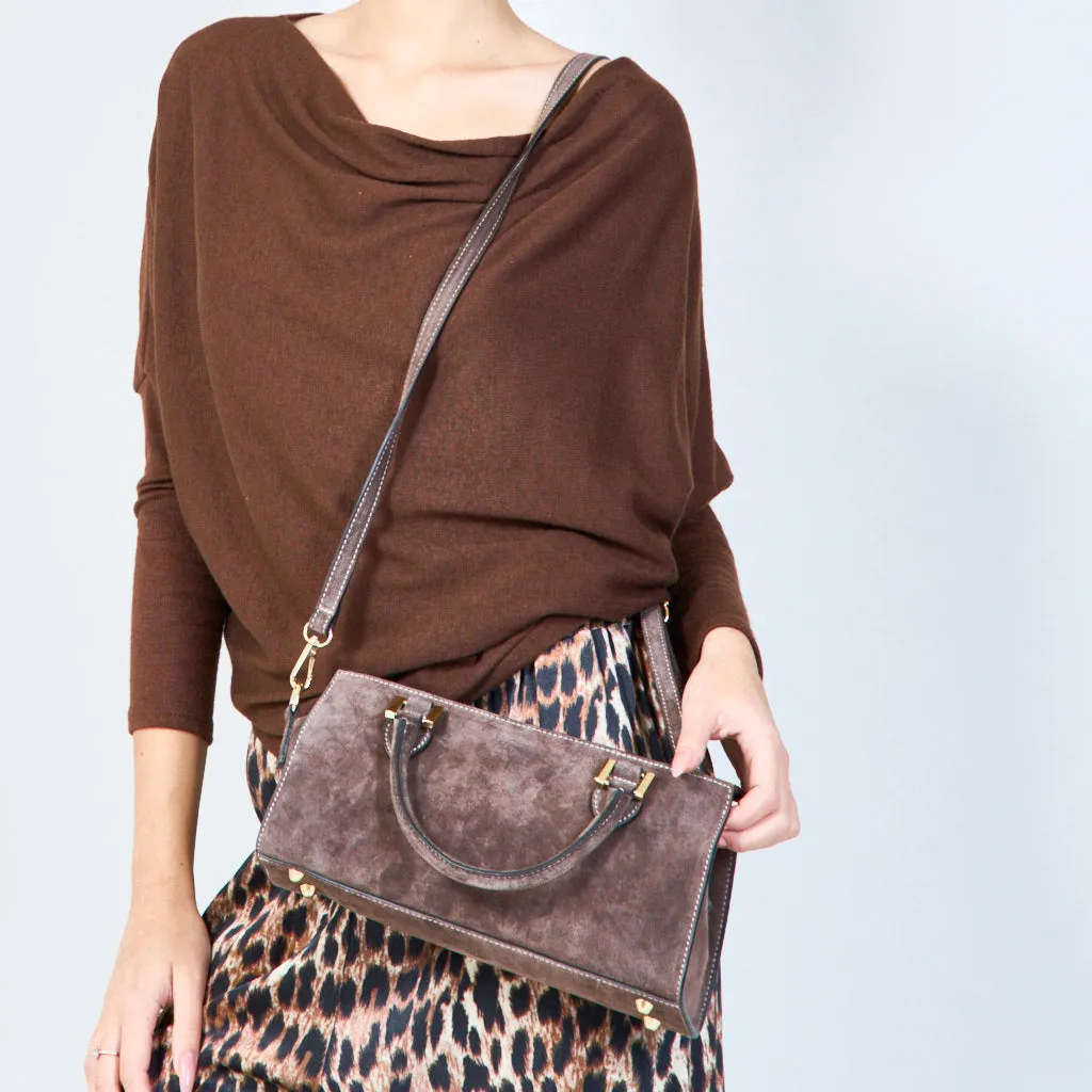 Suede structured handbags with metal accents wholesale