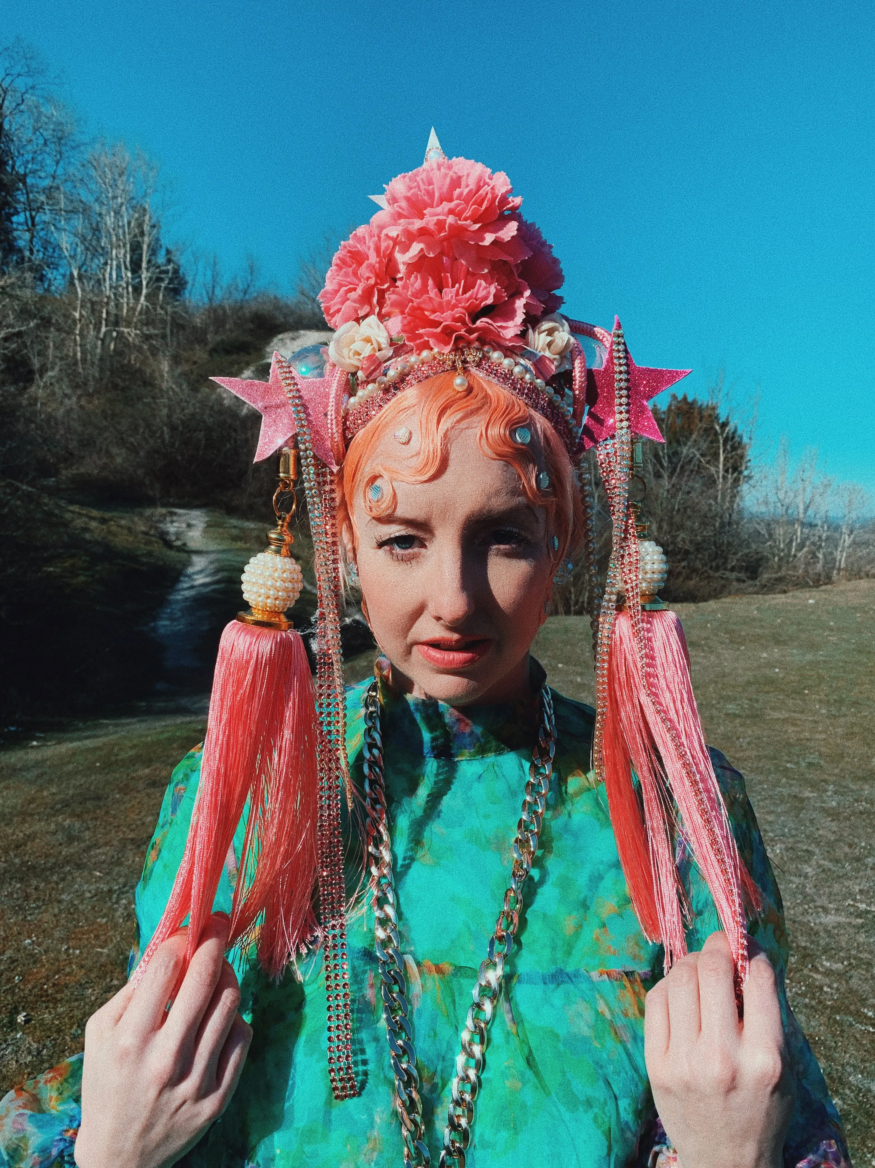 Tassle Pink Glitter Flower Stars Crown