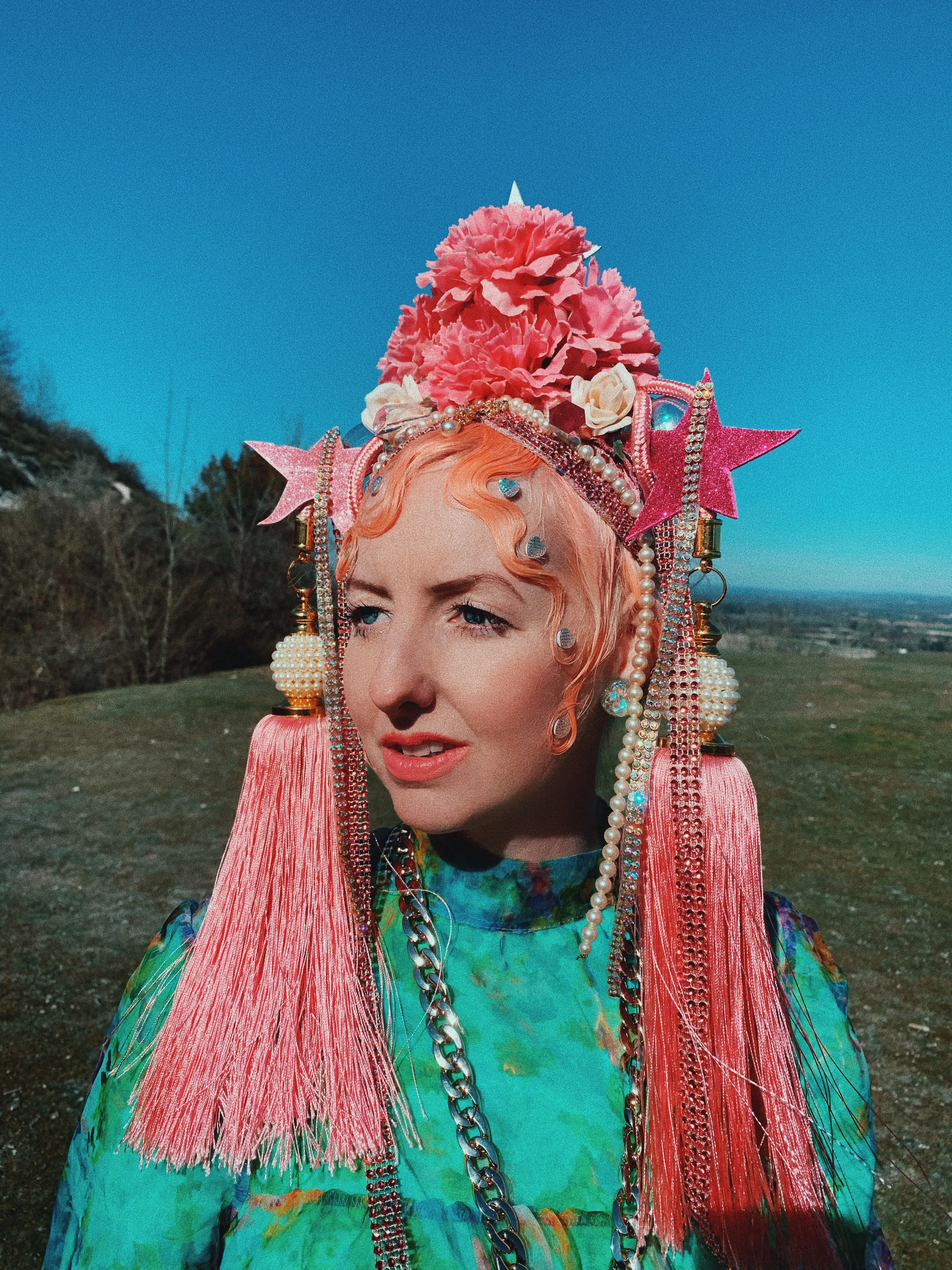 Tassle Pink Glitter Flower Stars Crown
