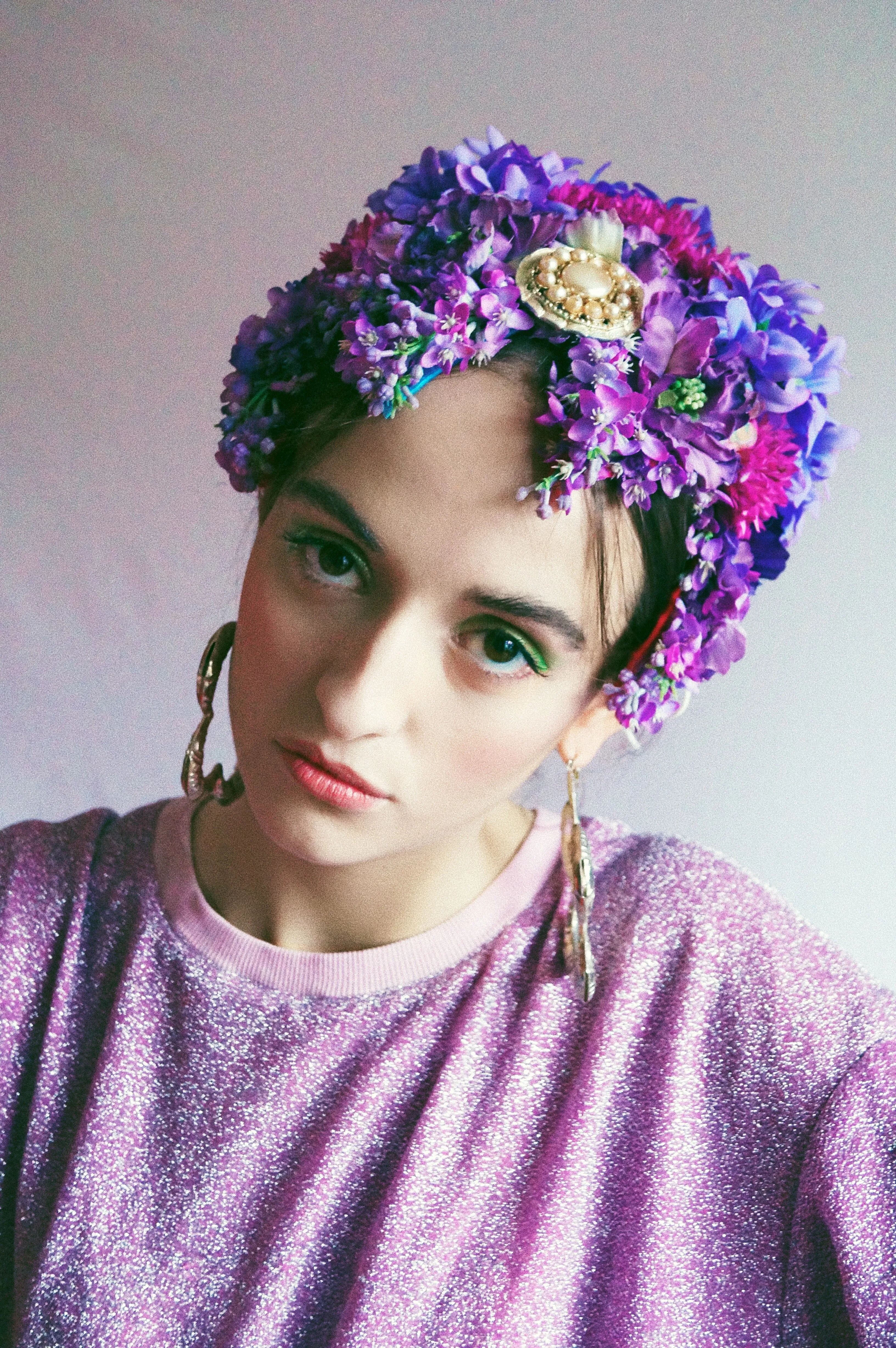 Vintage flowerbud skullcap purple headpiece bonnet