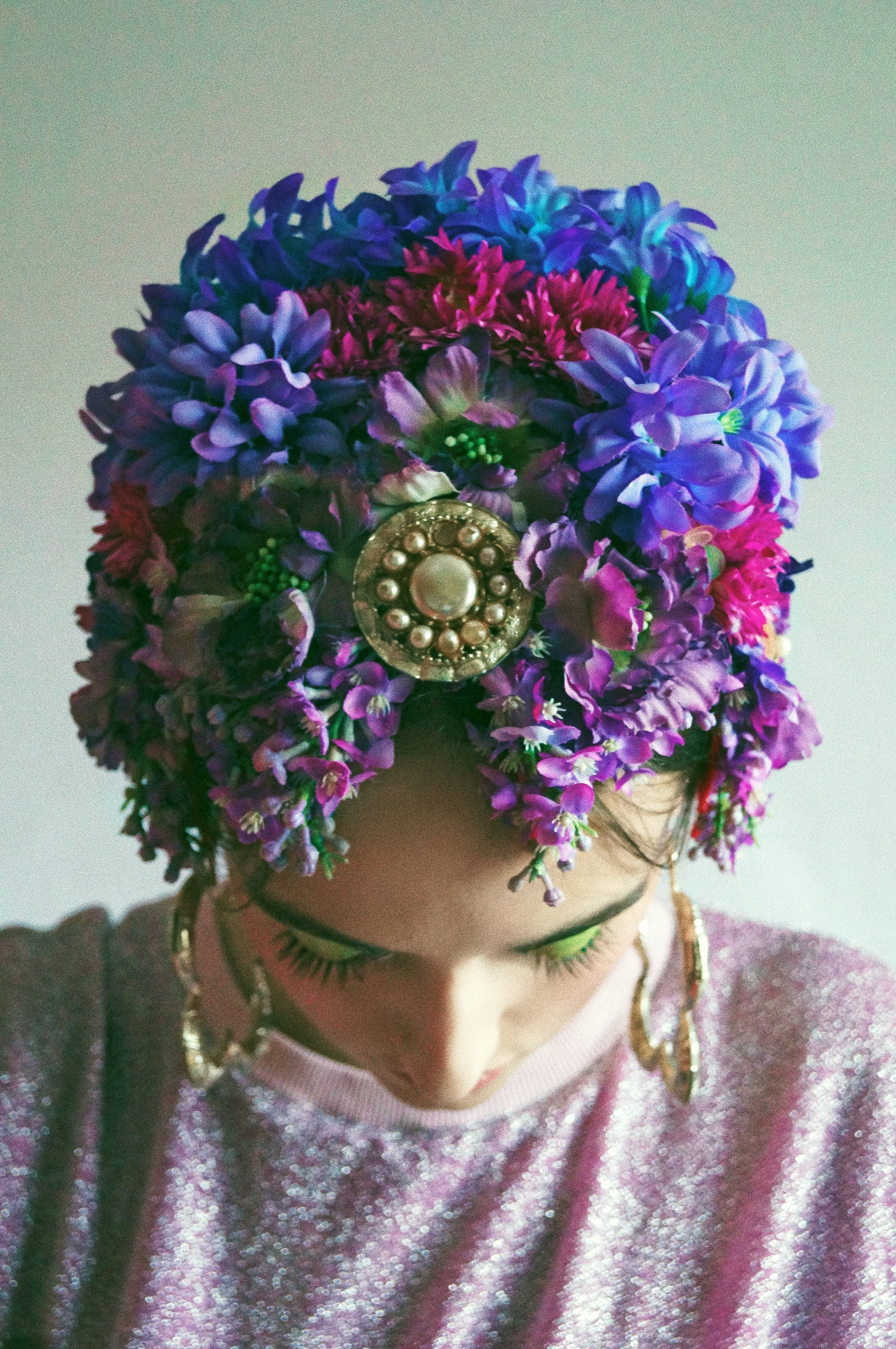 Vintage flowerbud skullcap purple headpiece bonnet