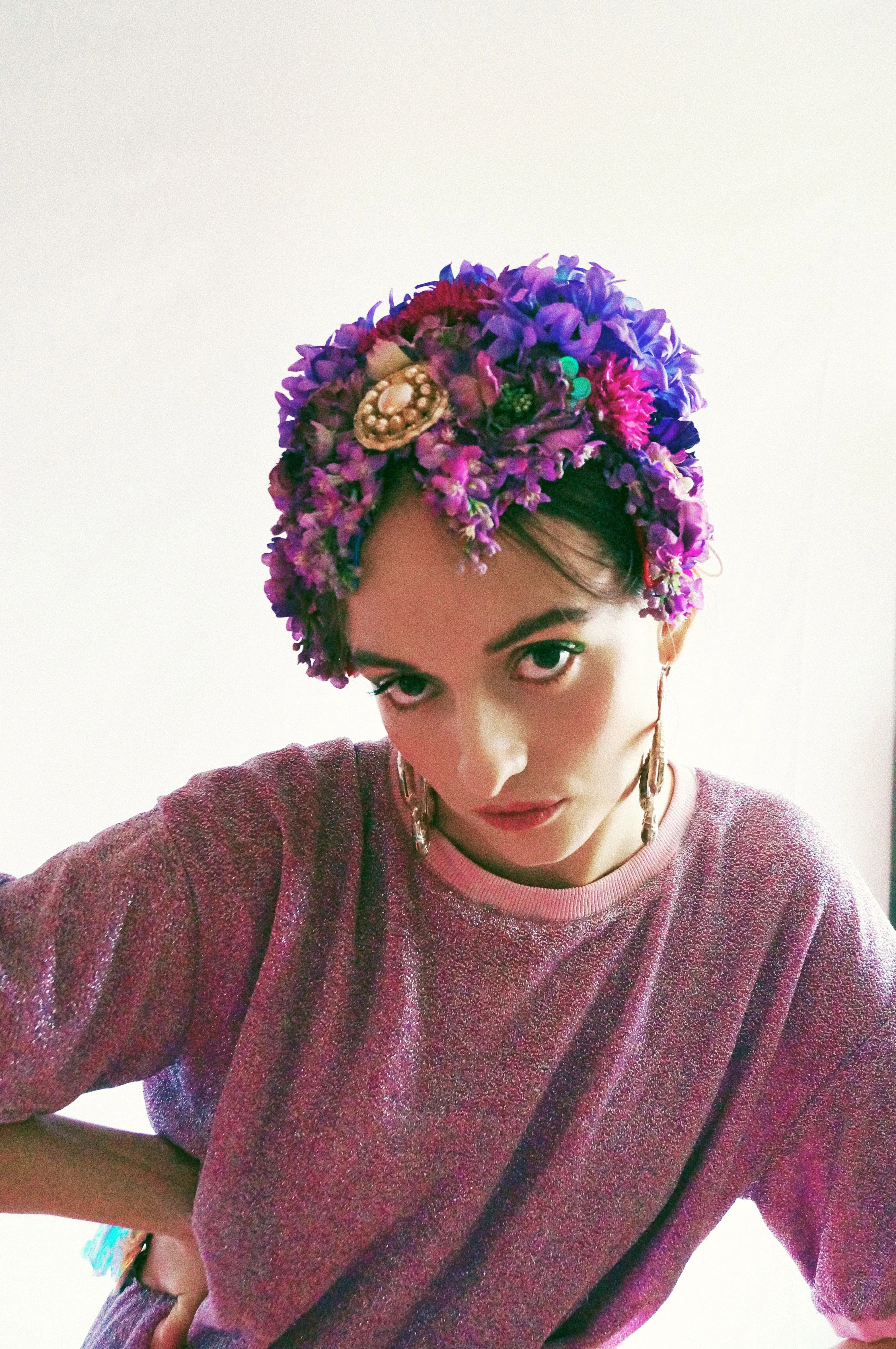 Vintage flowerbud skullcap purple headpiece bonnet