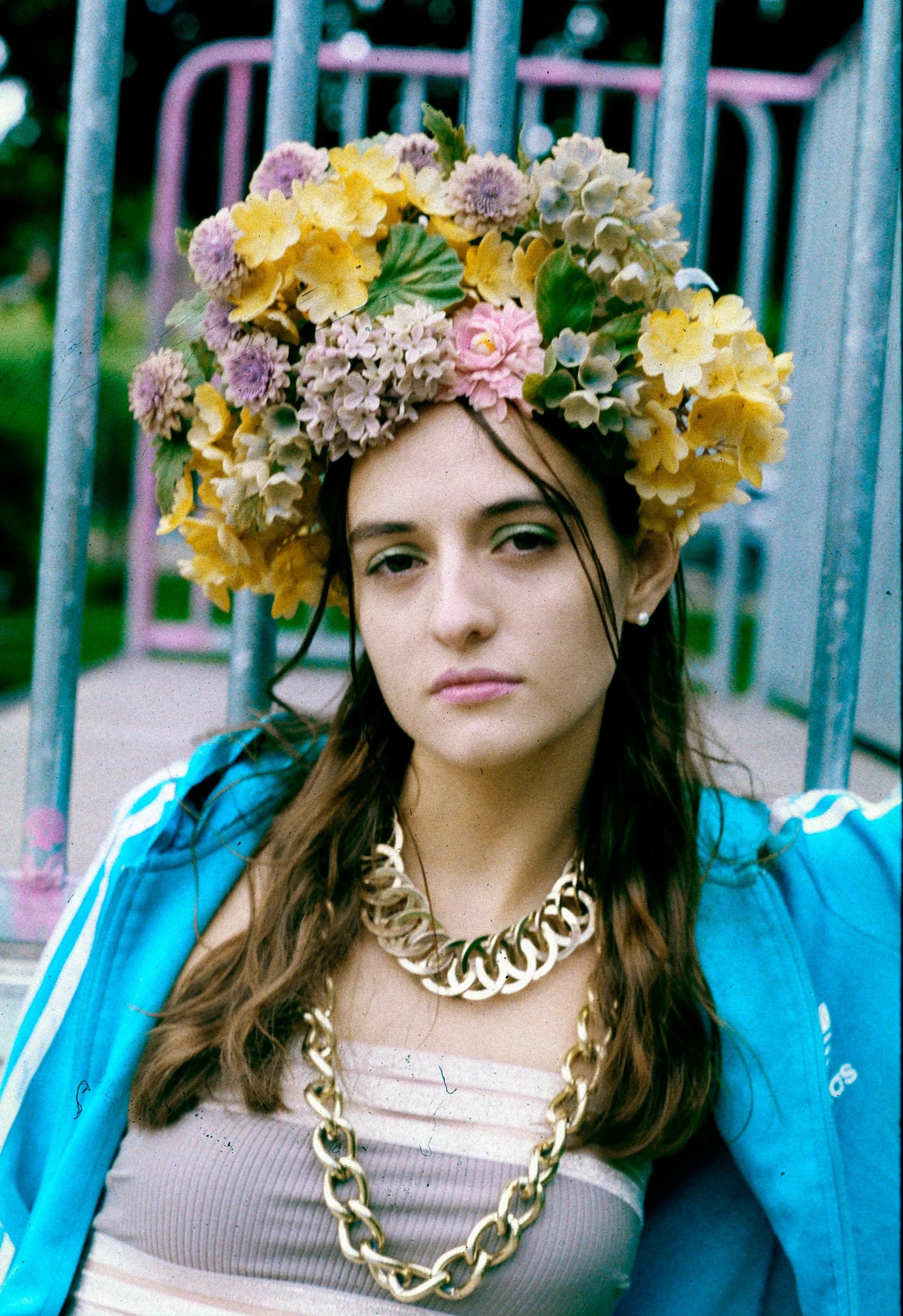 Vintage flowers in a floral Headdress in pastel shades