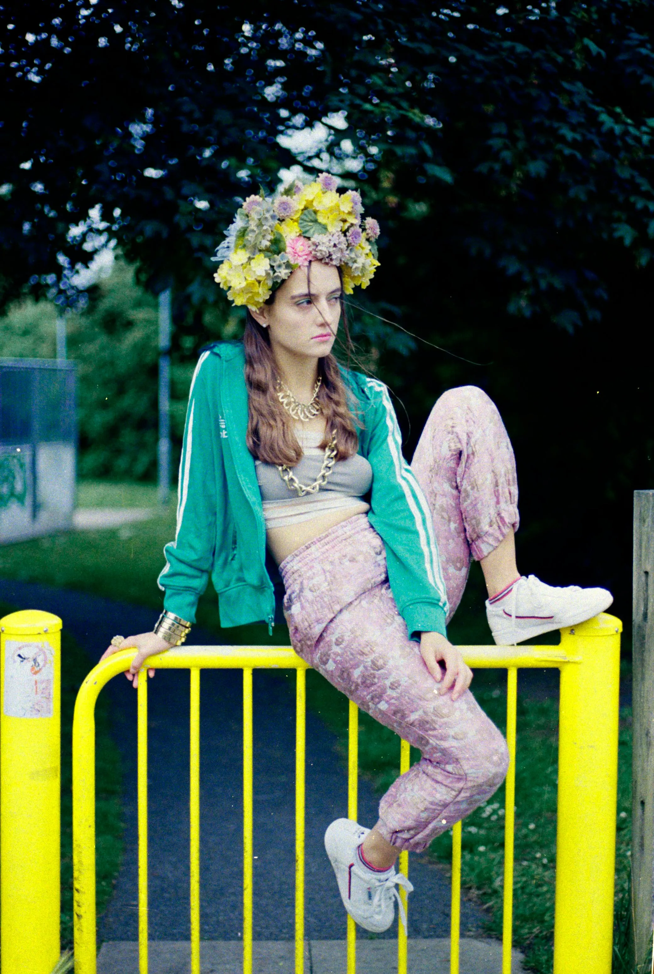 Vintage flowers in a floral Headdress in pastel shades