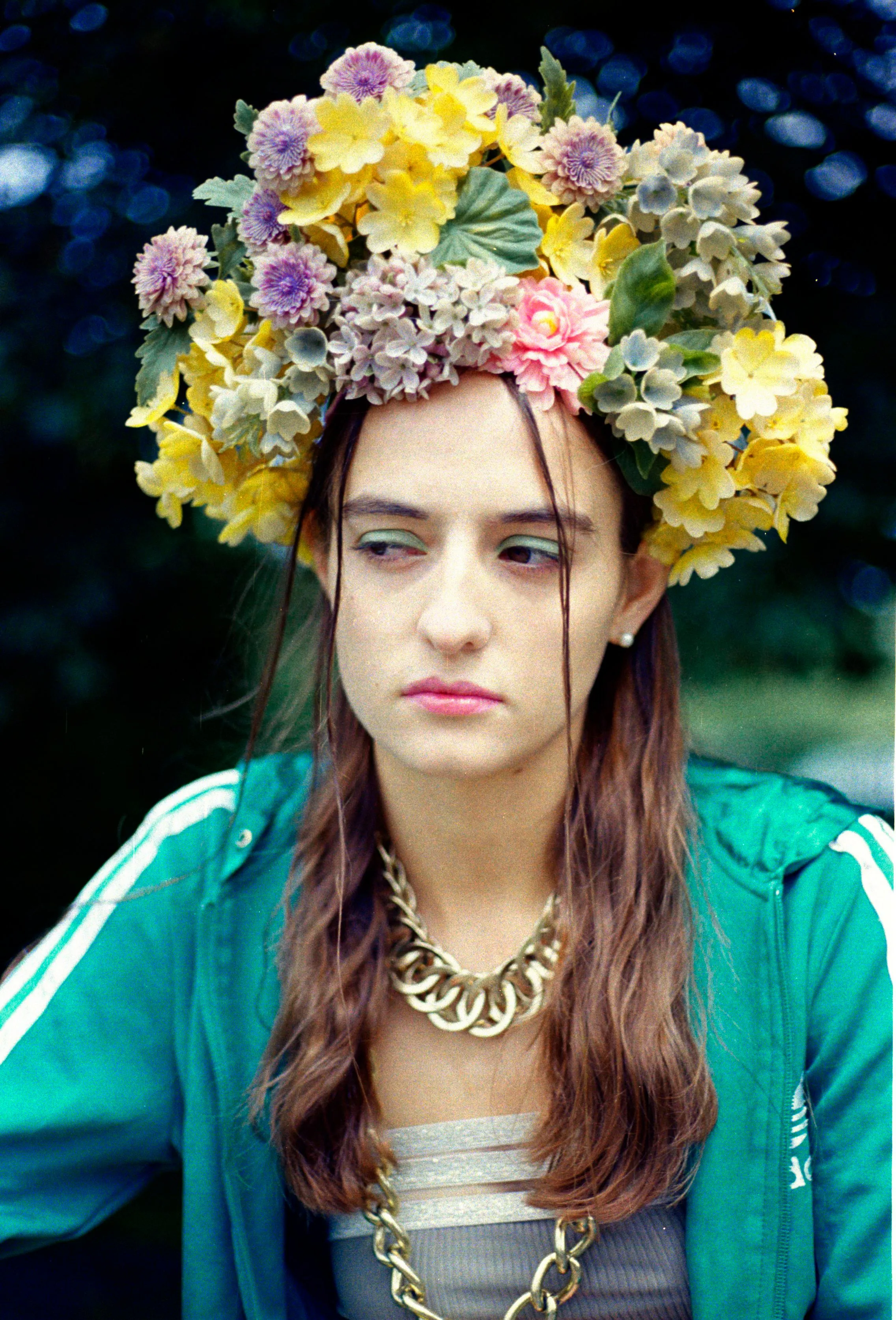 Vintage flowers in a floral Headdress in pastel shades