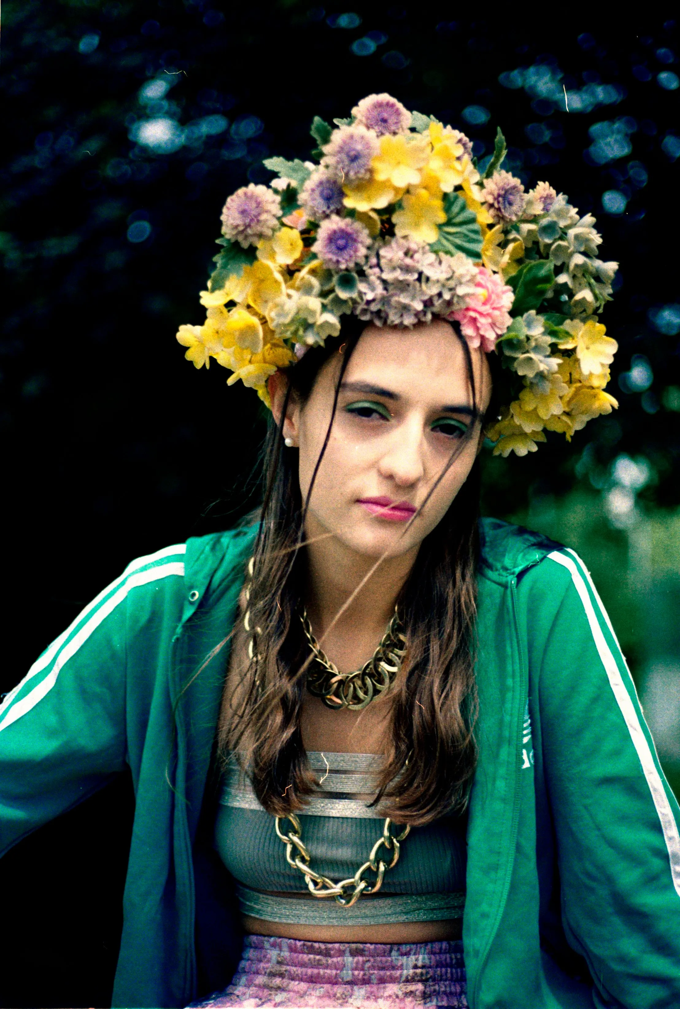 Vintage flowers in a floral Headdress in pastel shades