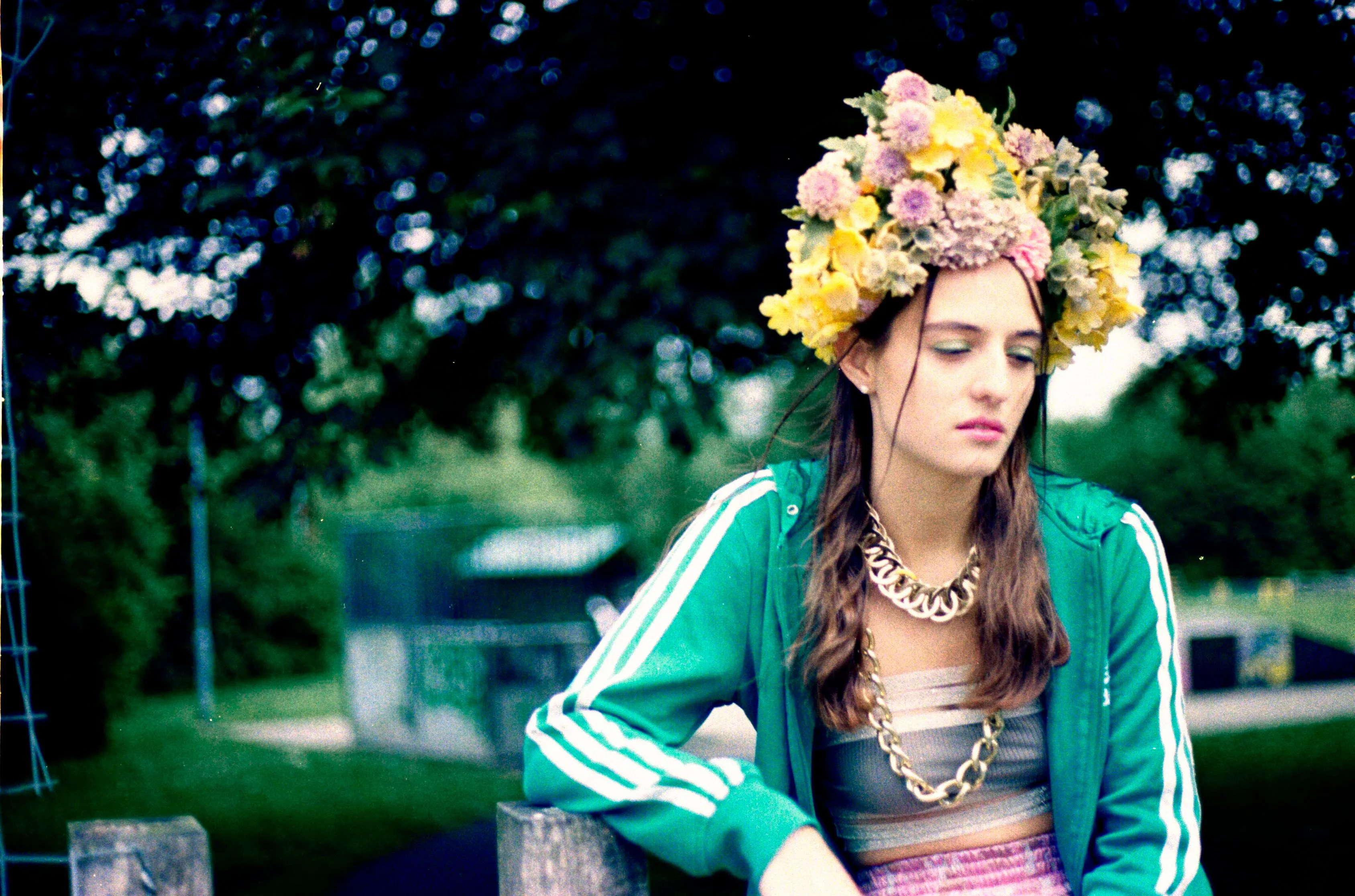 Vintage flowers in a floral Headdress in pastel shades