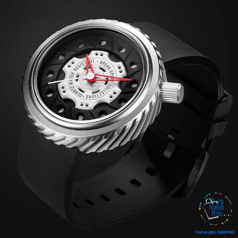 Waterproof Mens Wristwatches, Rubber Strap, 43mm/1.69' Watch face finished in Black or Silver