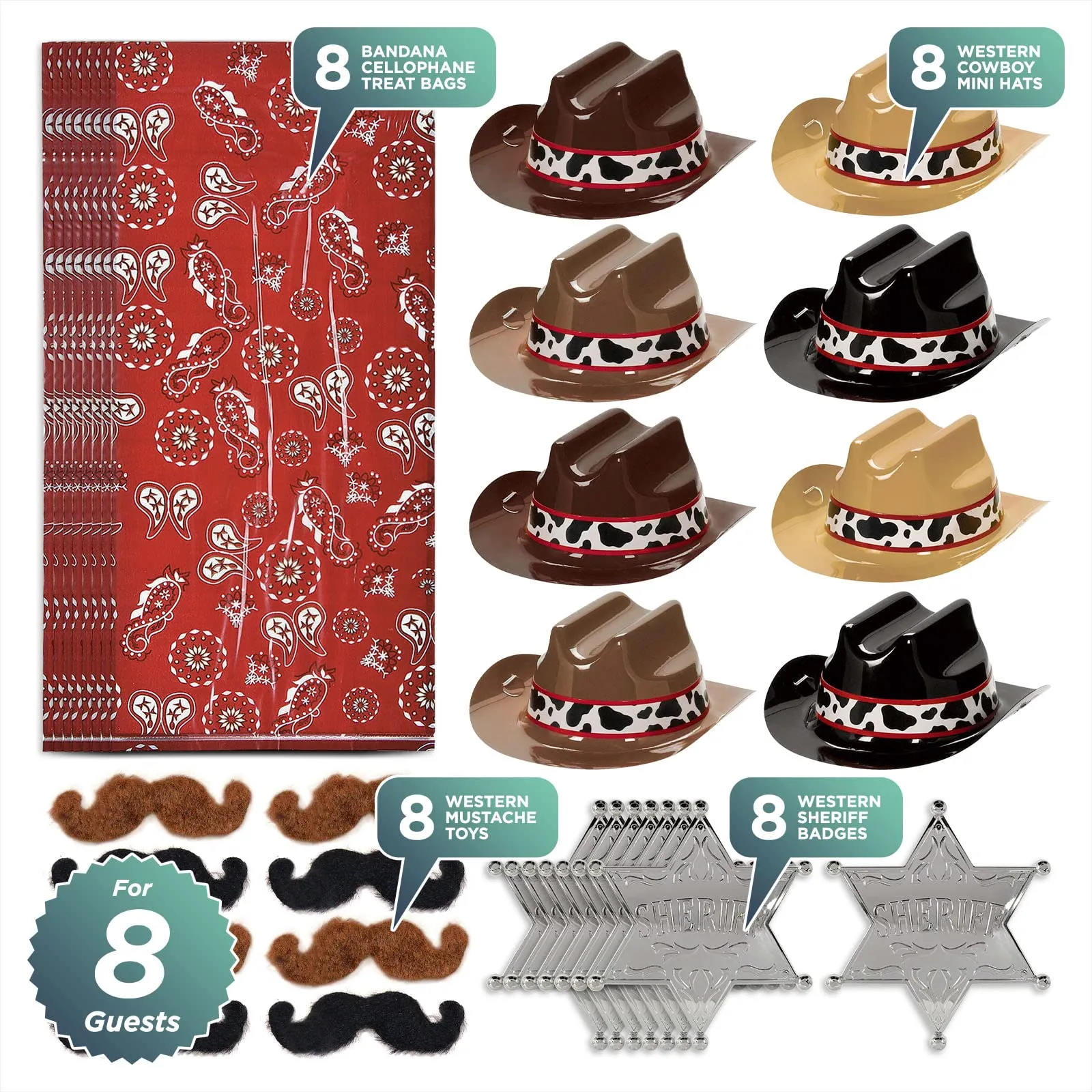 Western Party Favors - Goody Bags, Sheriff Badges, Mini Cowboy Hats, and Western Mustaches for 8 Guests
