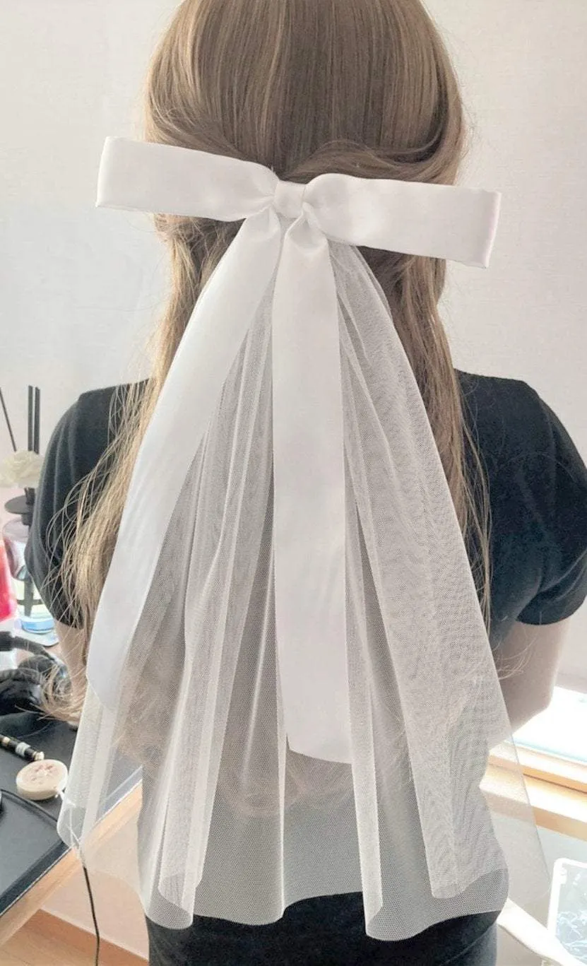 white hair bow wedding event satin tulle hair accessory  for women