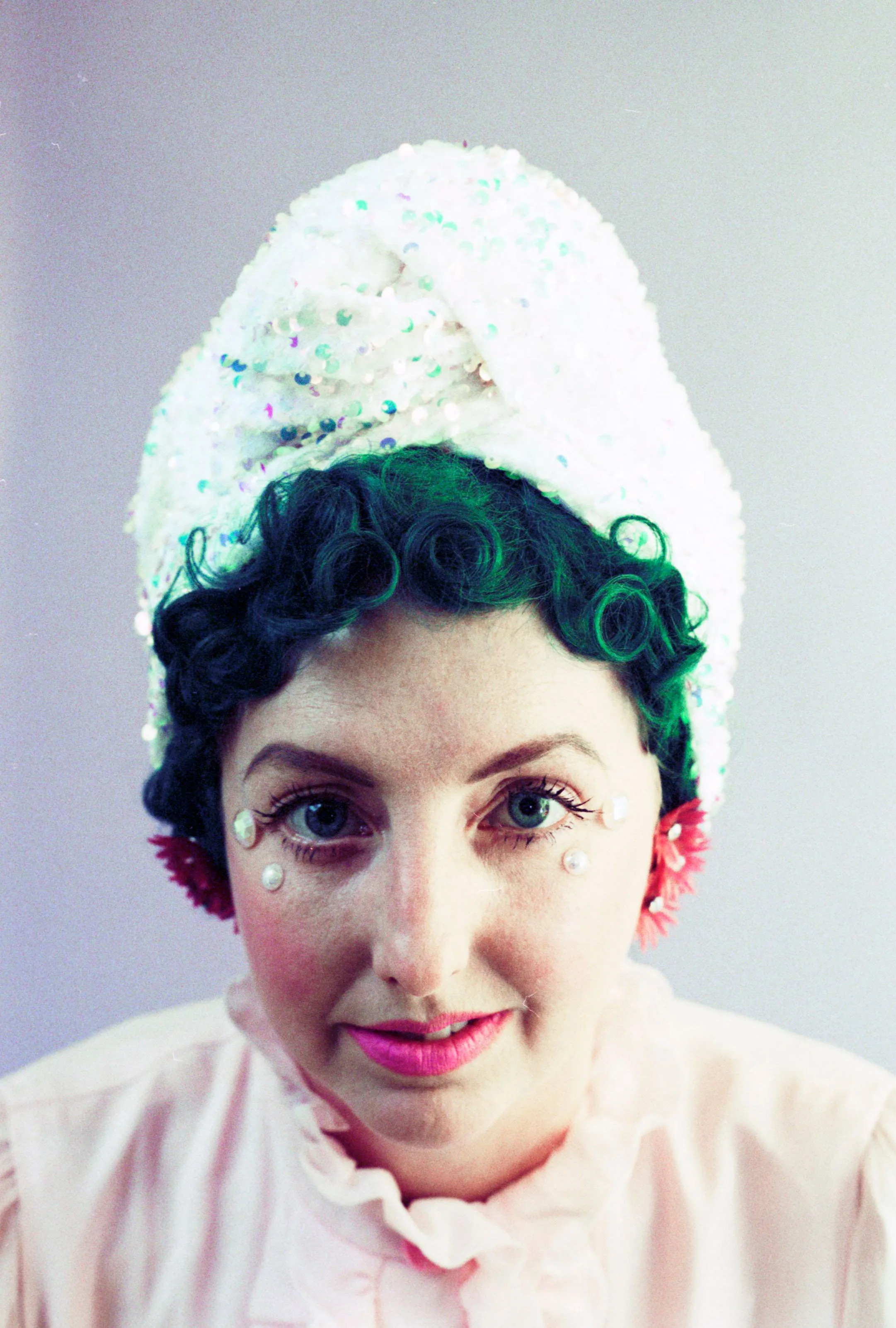White iridescent sequin stretch turban